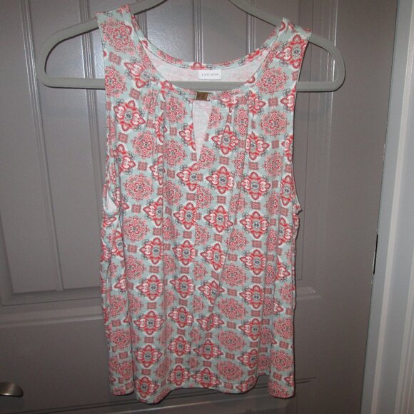 Women 's Lascana Size 8/10 Sage/Orange Medallion Motif Print, V-Neck w/Gold Trim - Picture 1 of 7